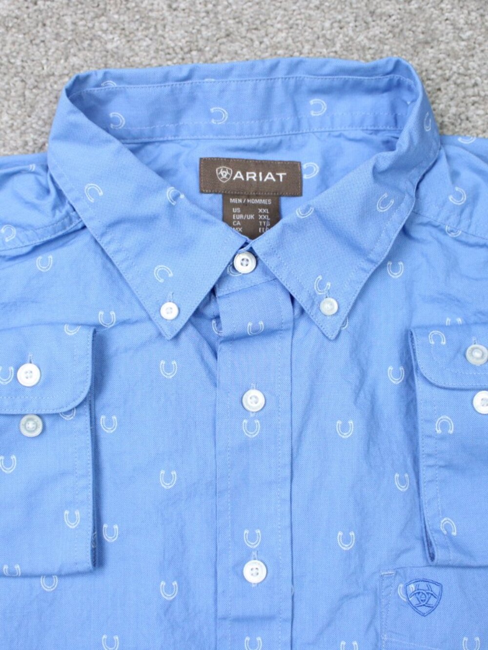 Ariat AOP Shirt Mens 2XL XXL Blue Leroy Classic Fit Horseshoe All Over Print L/S